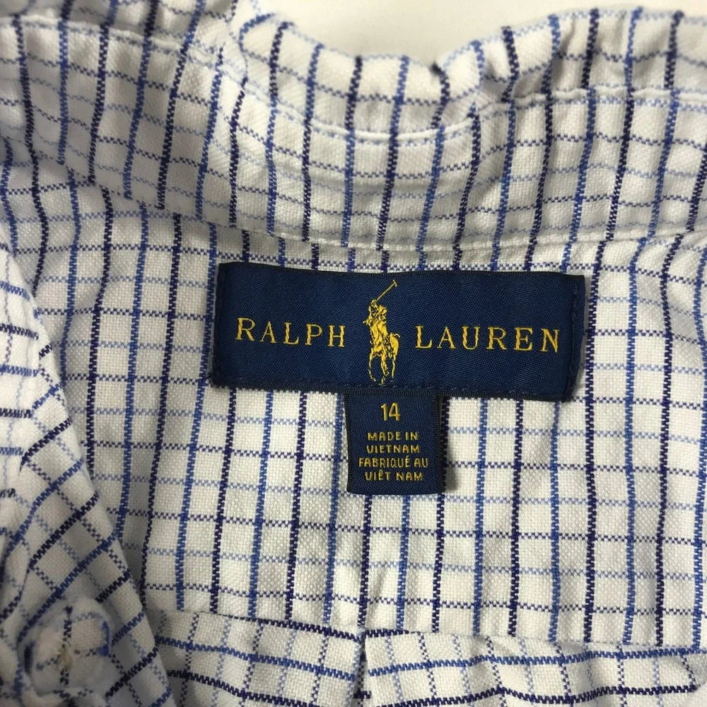Ralph Lauren Boys Blue White Tattersall Check Button Down Shirt Size 14